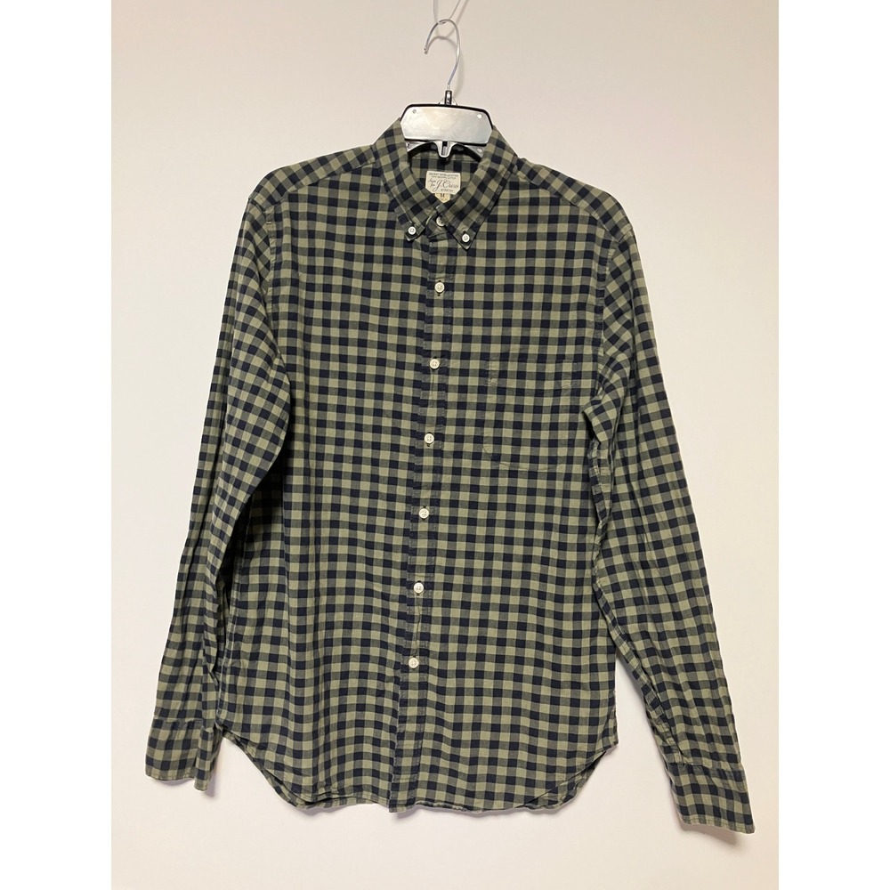 J. Crew Mens Secret Wash Shirt M Green Navy Gingham Organic Cotton Stretch AA265